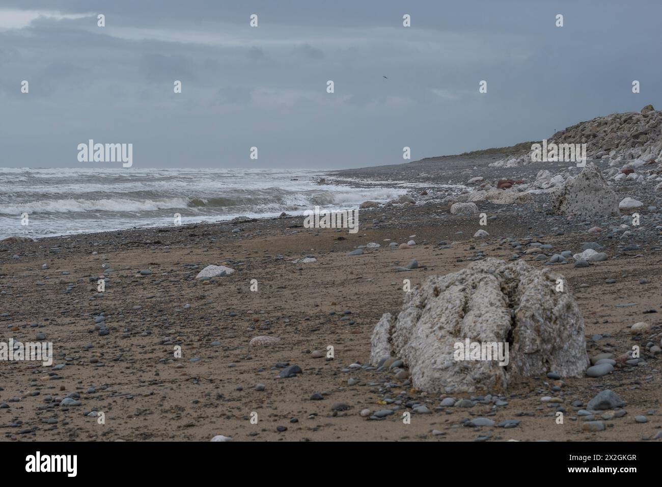 Rochers blancs sur une plage pierreuse sous le ciel gris avec des vagues roulantes d'eau vive, paysage marin silencieux atmosphérique Banque D'Images
