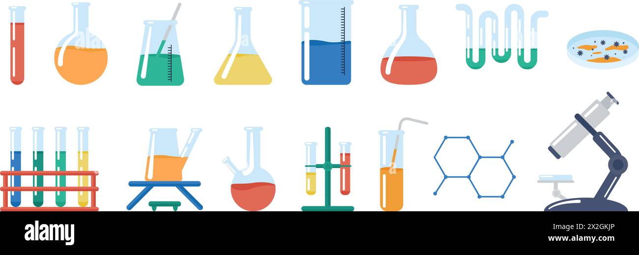 Équipement de laboratoire. Tubes à essai de laboratoire médical avec réactifs chimiques. Outils scientifiques pour l'expérience et la recherche, ensemble de vecteurs décents de verrerie Illustration de Vecteur