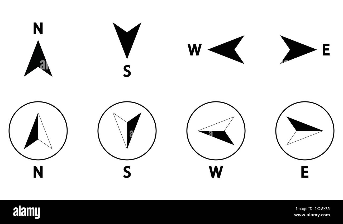 Icônes de boussole ensemble de directions nord, sud, est et ouest. Symbole de carte. Icône de flèche. Quatre flèches pointant dans des directions différentes. Illustration vectorielle. Illustration de Vecteur