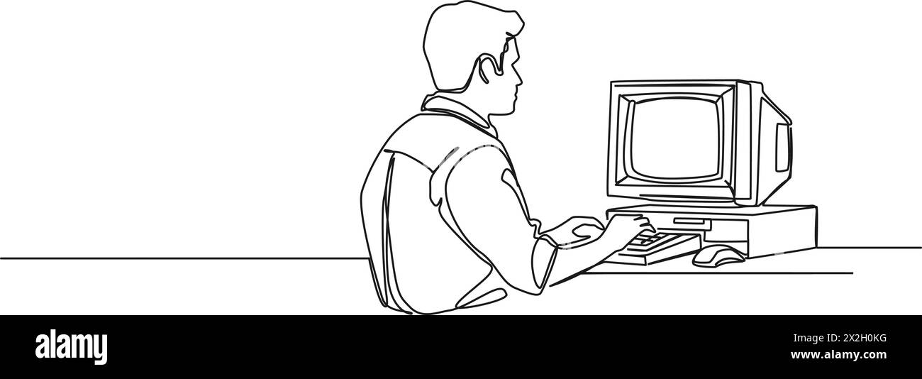dessin continu d'un seul trait de l'homme à l'aide d'un vieil ordinateur personnel avec moniteur crt, illustration vectorielle d'art au trait Illustration de Vecteur