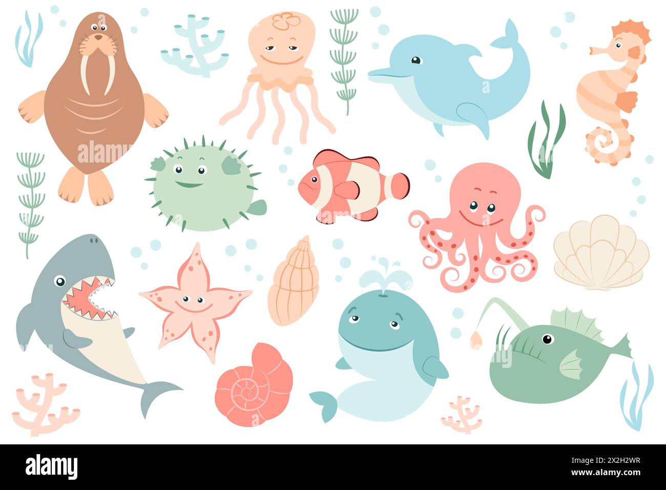 Ensemble avec des créatures marines. Plat, style dessin animé. Animaux des mers et des océans. Illustration vectorielle pour la conception. Illustration de Vecteur
