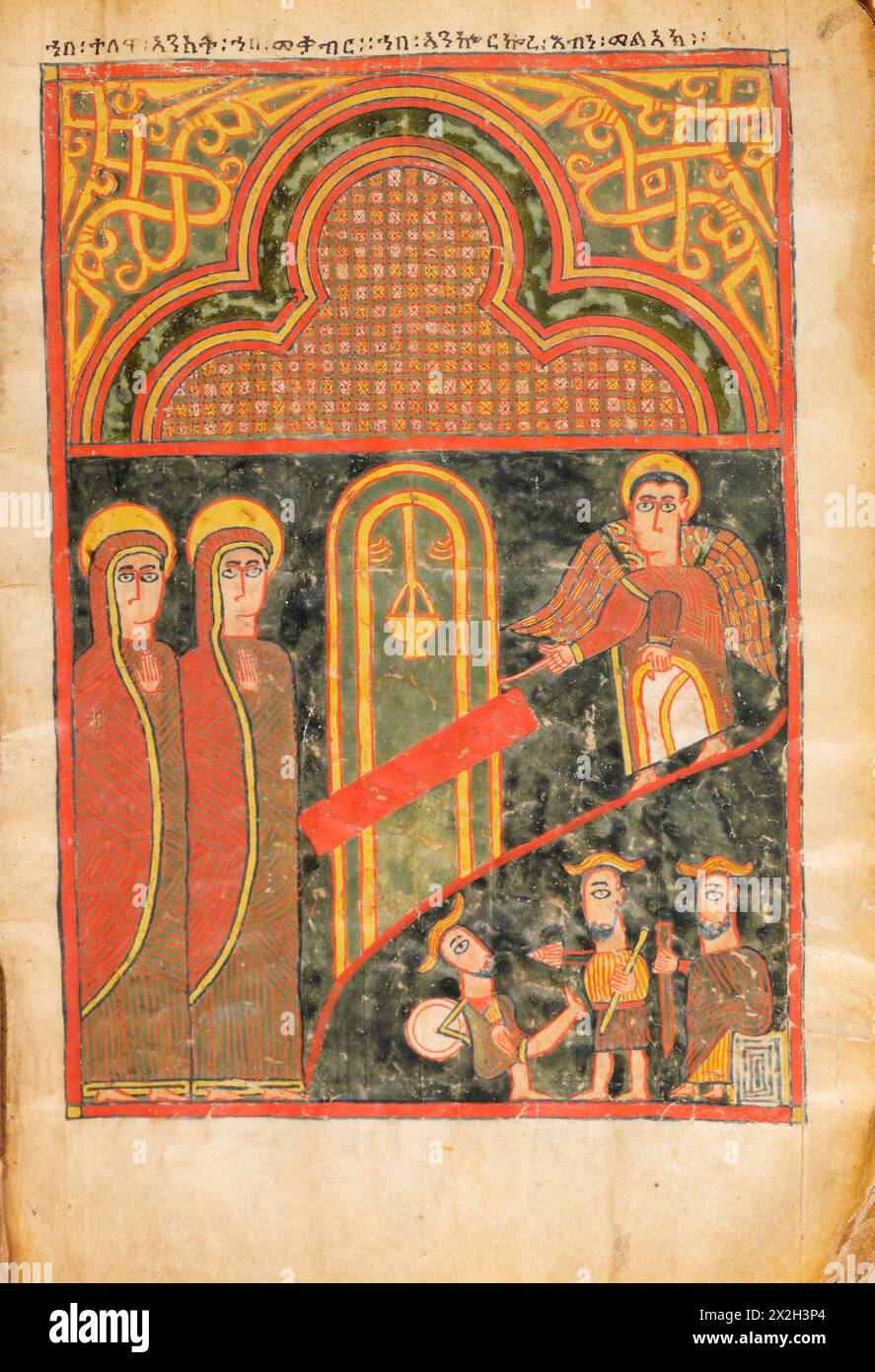 Evangile illuminé - peuples Amhara -les saintes femmes au tombeau - fin du XIVe au début du XVe siècle Banque D'Images
