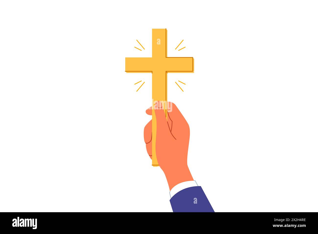 Crucifix chrétien doré dans les mains homme, invitant à accepter le catholicisme et à aller à l'église pour les prières Illustration de Vecteur
