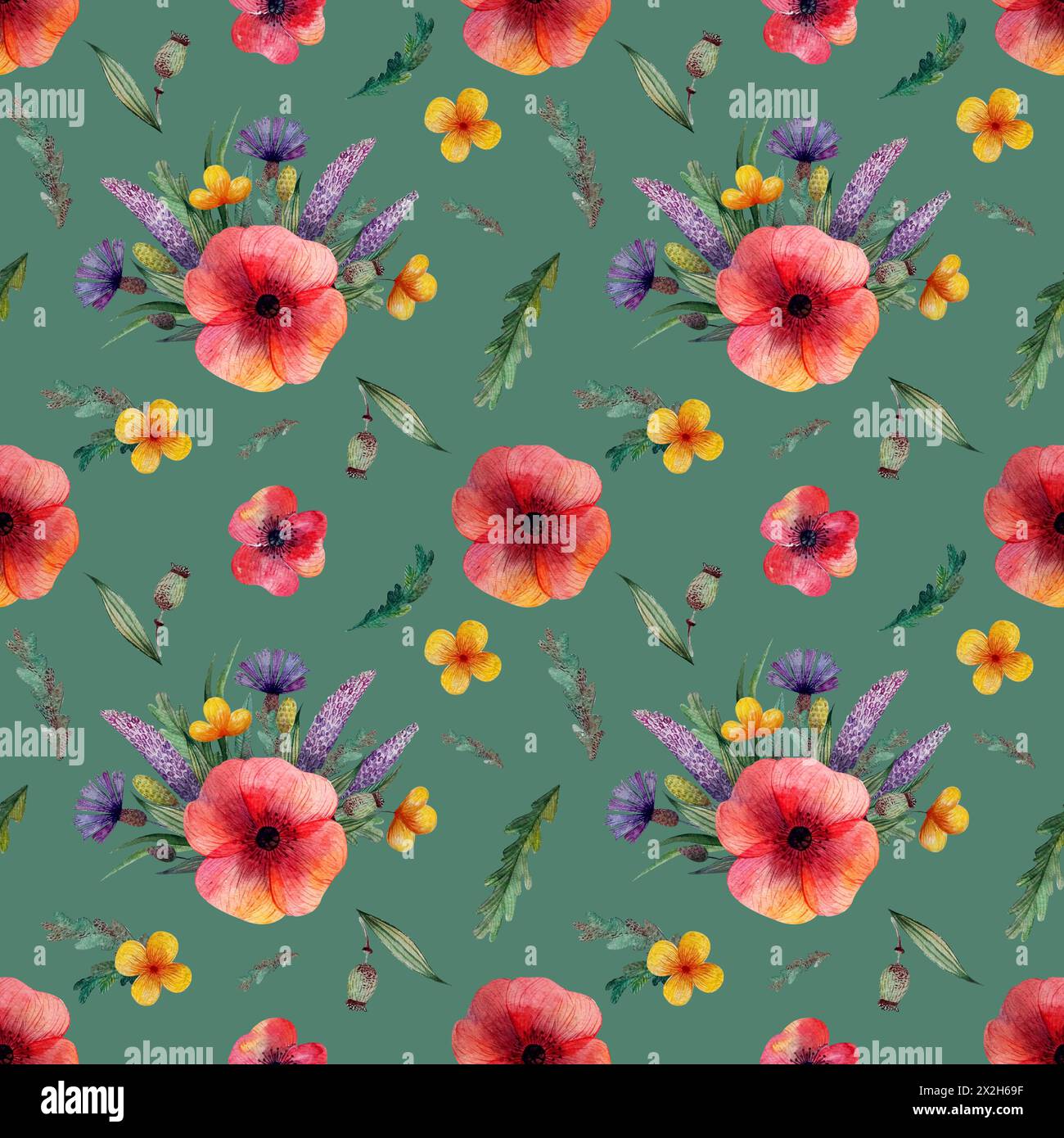 modèle sans couture avec coquelicot rouge et fleurs de maïs lilas fleurs jaunes et herbes sur un fond vert Banque D'Images