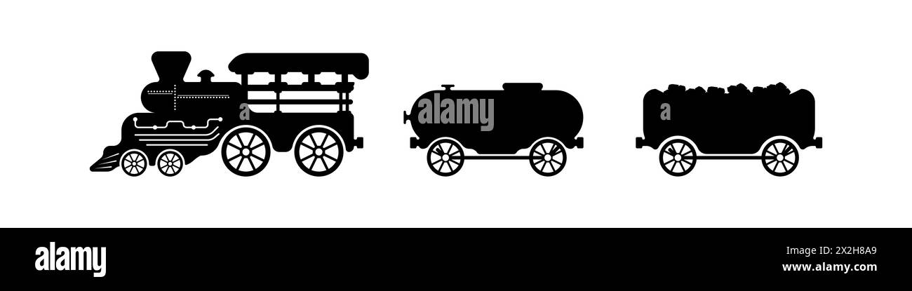 Logo train de marchandises. Silhouette d'un vecteur locomoteur vintage. Icône de vecteur de chemin de fer. Cabine du train avec icônes de remorques. Illustration vectorielle. Illustration de Vecteur