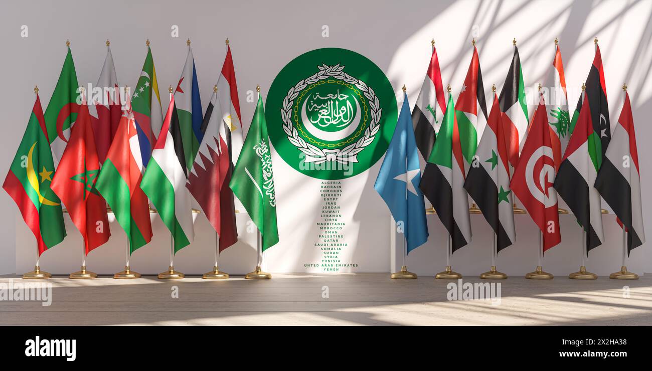 Concept de réunion de l'union de la Ligue arabe. Les drapeaux nationaux des pays membres de la Ligue arabe avec son symbole. illustrations 3d. Banque D'Images