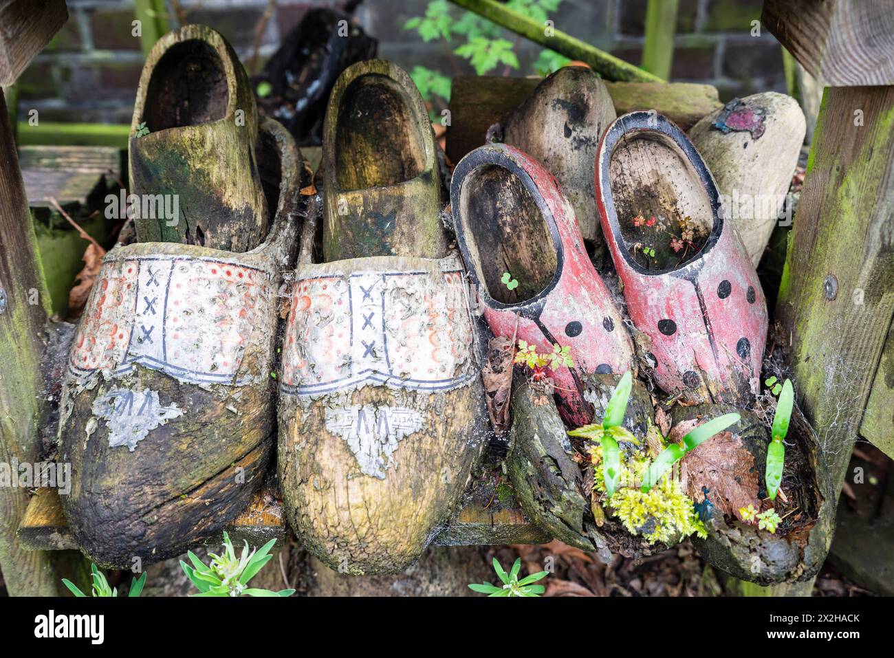 Vieux sabots en bois, Zaanse Schans, municipalité de Zaanstad, route européenne du patrimoine industriel, pays-Bas Banque D'Images