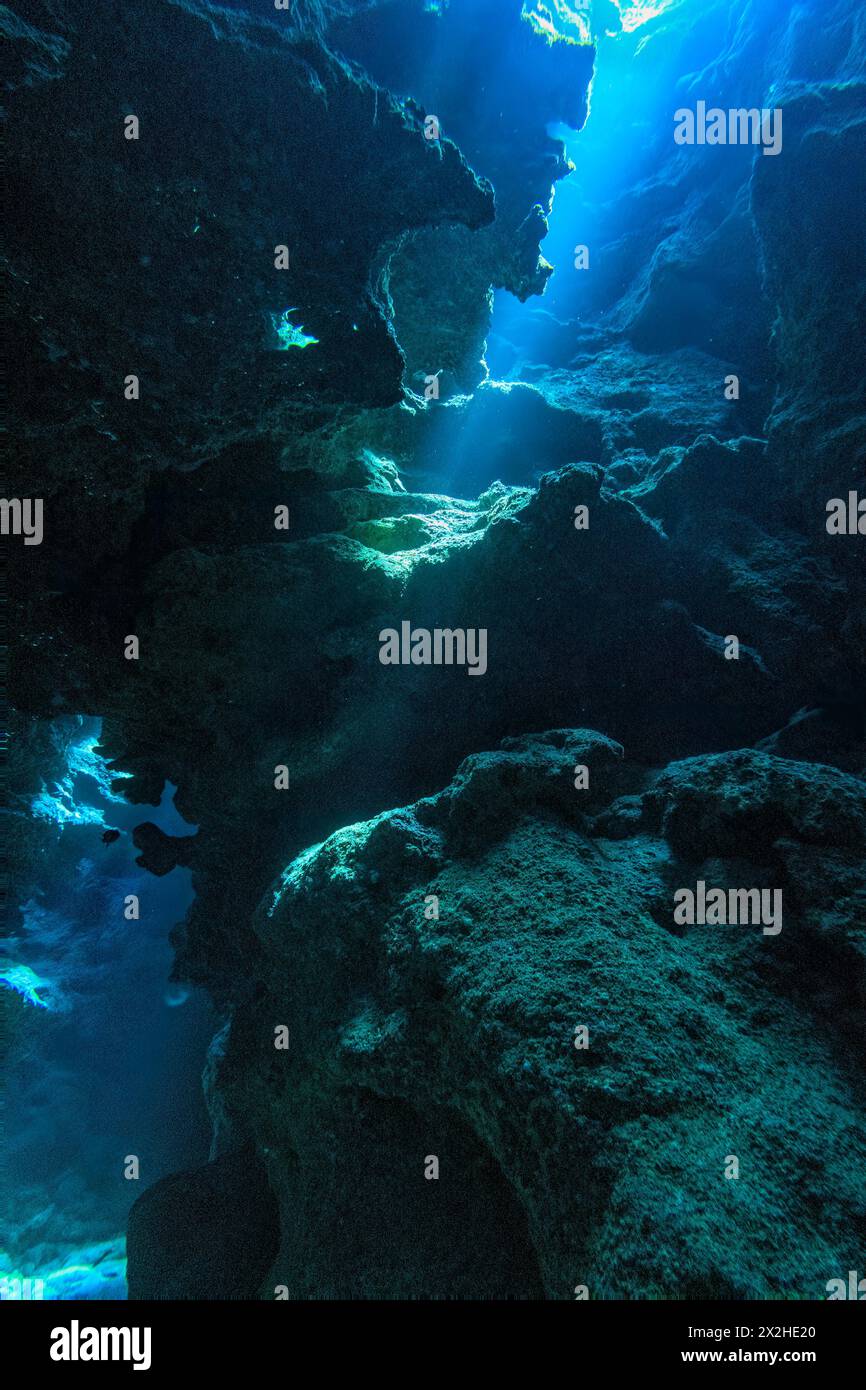 La lumière du soleil de la surface pénètre dans les profondeurs du récif de Devil's Grotto au large de George Town, Grand Cayman, Îles Caïmans. Banque D'Images