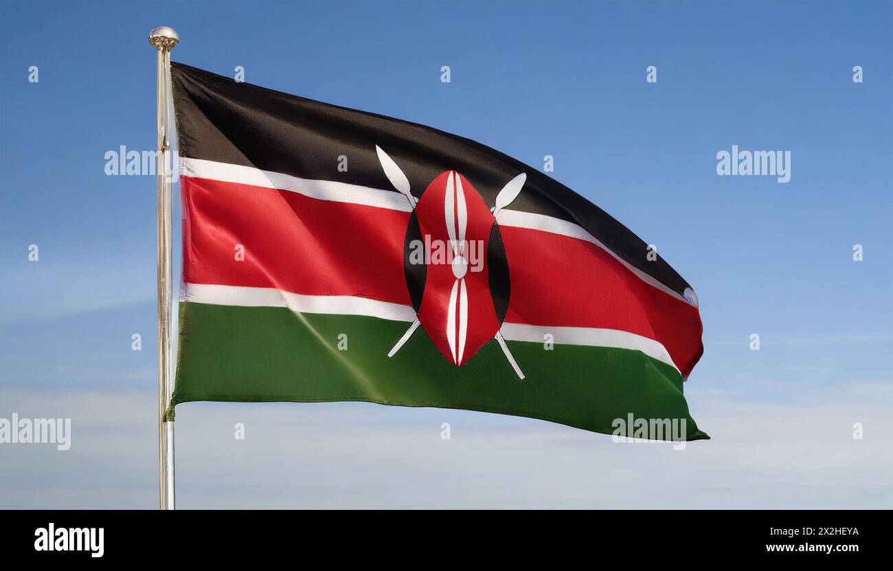 Die Fahne von Kenia flattert im Wind, isoliert gegen blauer Himmel Banque D'Images