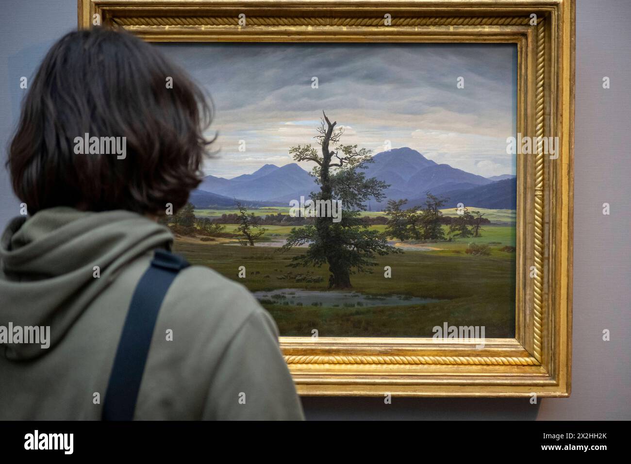 Besucherin vor dem Oelgemaelde Der einsame Baum, Sonderausstellung unendliche Landschaften vom Maler der Romantik Caspar David Friedrich, in der Alten Nationalgalerie, Querformat, am 19.04.2024 in Berlin Mitte, nur fuer redaktionelle Zwecke, usage éditorial only Alte Nationalgalerie etc - Berlin *** visiteur devant la peinture à l'huile The Lonely Tree, exposition spéciale Infinite Landscapes du peintre romantique Caspar David Friedrich, dans l'Alte Nationalgalerie, format paysage, le 19 04 2024 à Berlin Mitte, uniquement pour usage éditorial, usage éditorial uniquement Alte Nationalgalerie etc Berlin Banque D'Images