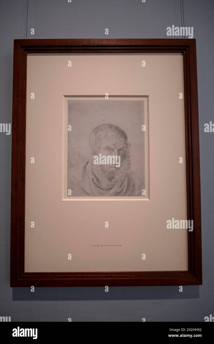 Kreidezeichnung Selbstbildnis, Sonderausstellung unendliche Landschaften vom Maler der Romantik Caspar David Friedrich, in der Alten Nationalgalerie, Hochformat, AM 19.04.2024 in Berlin Mitte, nur fuer redaktionelle Zwecke, usage éditorial exclusif Alte Nationalgalerie etc - Berlin *** Autoportrait à la craie, exposition spéciale paysages infinis du peintre romantique Caspar David Friedrich, dans l'Alte Nationalgalerie, format portrait, le 19 04 2024 à Berlin Mitte, pour usage éditorial exclusif, usage éditorial exclusif Alte Nationalgalerie etc Berlin Banque D'Images