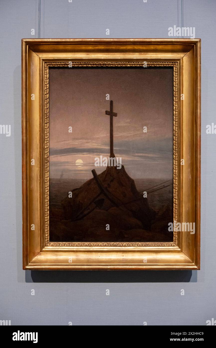 Oelgemaelde Kreuz an der Ostsee, Sonderausstellung unendliche Landschaften vom Maler der Romantik Caspar David Friedrich, in der Alten Nationalgalerie, Hochformat, AM 19.04.2024 in Berlin Mitte, nur fuer redaktionelle Zwecke, Editorial use only Alte Nationalgalerie etc - Berlin *** Oelgemaelde Kreuz an der Ostsee, exposition spéciale paysages infinis du peintre romantique Caspar David Friedrich, dans l'Alte Nationalgalerie, format portrait, le 19 04 2024 à Berlin Mitte, pour usage éditorial exclusif, usage éditorial exclusif Alte Nationalgalerie etc Berlin Banque D'Images