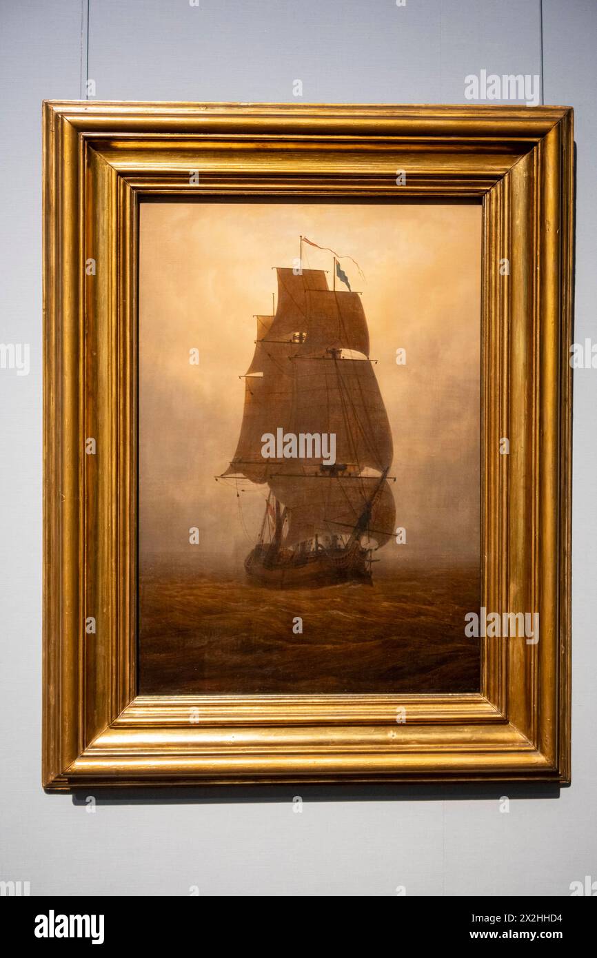 Oelgemaelde Segelschiff der Kunstsammlungen Chemnitz, Sonderausstellung unendliche Landschaften vom Maler der Romantik Caspar David Friedrich, in der Alten Nationalgalerie, Hochformat, AM 19.04.2024 in Berlin Mitte, nur fuer redaktionelle Zwecke, usage éditorial exclusif Alte Nationalgalerie etc - Berlin *** Oelgemaelde Segelschiff der Kunstsammlungen Chemnitz, exposition spéciale unendliche Landschaften vom Maler der Romantik Caspar David Friedrich, in der Alten Nationalgalerie, format portrait, le 19 04 2024 à Berlin Mitte, pour usage éditorial exclusif, usage éditorial exclusif Alte Nationalgalerie etc Berlin Banque D'Images