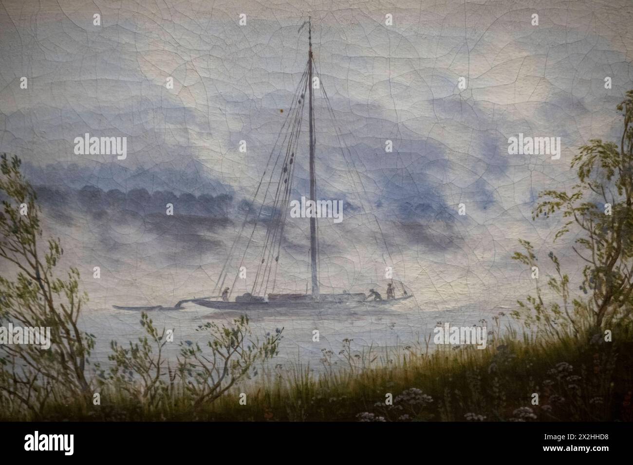 Nahaufnahme Oelgemaelde Morgennebel im Gebirge des Thueringer Landesmuseum Heidecksburg Rudolstadt, Sonderausstellung unendliche Landschaften vom Maler der Romantik Caspar David Friedrich, in der Alten Nationalgalerie, Querformat, AM 19.04.2024 in Berlin Mitte, nur fuer redaktionelle Zwecke, usage éditorial uniquement Alte Nationalgalerie etc - Berlin *** gros plan peinture à l'huile brouillard matinal dans les montagnes du Musée d'État de Thuringe Heidecksburg Rudolstadt, exposition spéciale paysages infinis du peintre romantique Caspar David Friedrich, dans la vieille Galerie nationale, format paysage, le 19 04 Banque D'Images