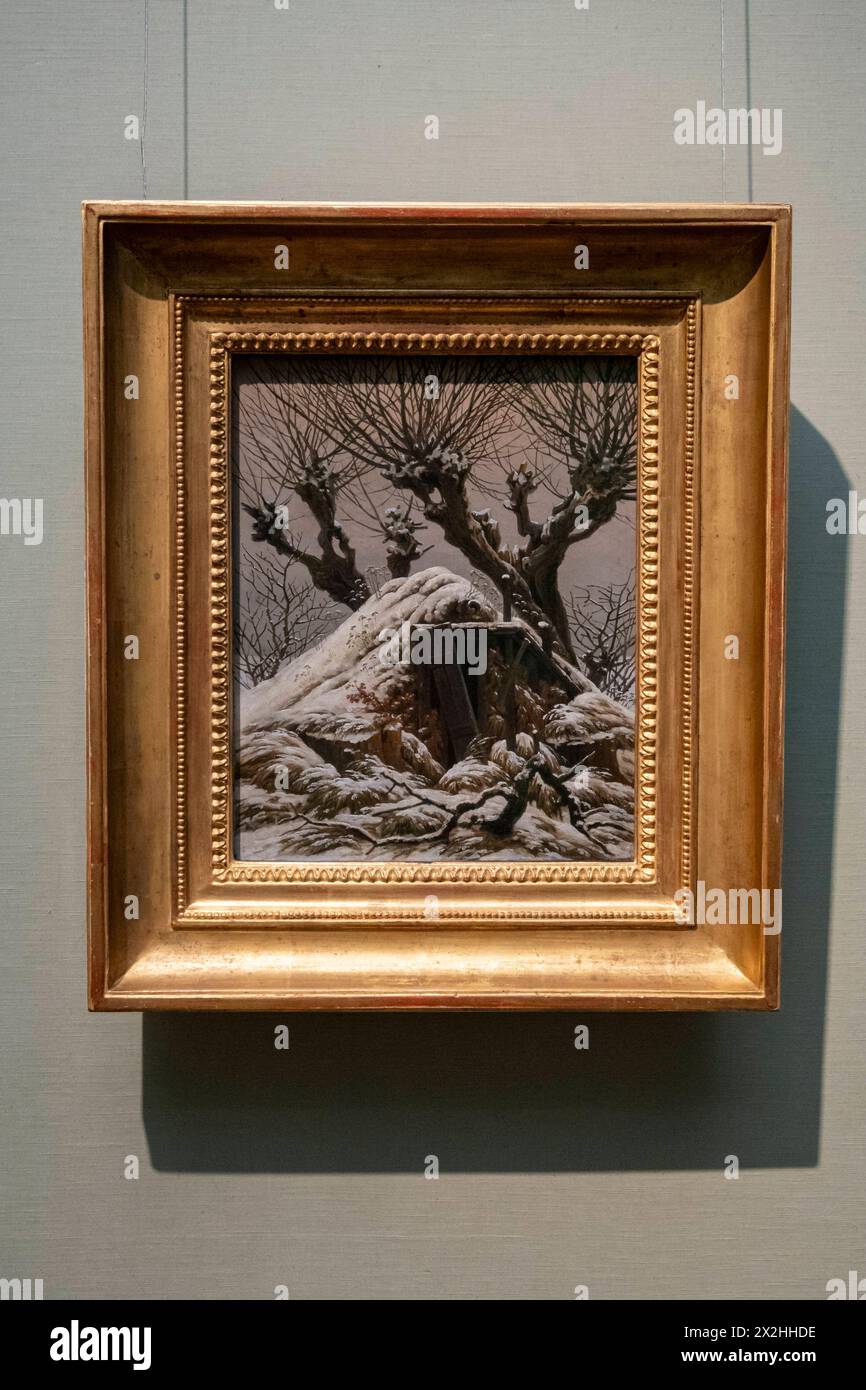 Oelgemaelde Verschneite Huette, Sonderausstellung unendliche Landschaften vom Maler der Romantik Caspar David Friedrich, in der Alten Nationalgalerie, Hochformat, AM 19.04.2024 in Berlin Mitte, nur fuer redaktionelle Zwecke, usage éditorial exclusif Alte Nationalgalerie etc - Berlin *** peinture à l'huile Verschneite Huette, exposition spéciale paysages infinis du peintre romantique Caspar David Friedrich, dans l'Alte Nationalgalerie, format portrait, le 19 04 2024 à Berlin Mitte, pour usage éditorial exclusif, usage éditorial exclusif Alte Nationalgalerie etc Berlin Banque D'Images