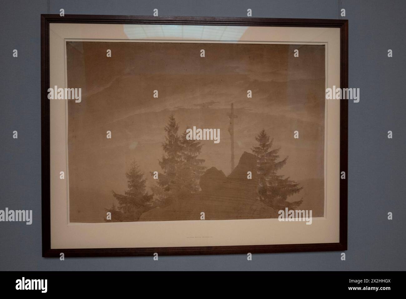 Pinselzeichnung Das Kreuz im Gebirge, Sonderausstellung unendliche Landschaften vom Maler der Romantik Caspar David Friedrich, in der Alten Nationalgalerie, Querformat, AM 19.04.2024 in Berlin Mitte, nur fuer redaktionelle Zwecke, Editorial use only Alte Nationalgalerie etc - Berlin *** Brush Drawing the Cross in the Mountains, exposition spéciale Infinite Landscapes du peintre romantique Caspar David Friedrich, dans l'Alte Nationalgalerie, format paysage, le 19 04 2024 à Berlin Mitte, pour usage éditorial exclusif, usage éditorial exclusif Alte Nationalgalerie etc Berlin Banque D'Images