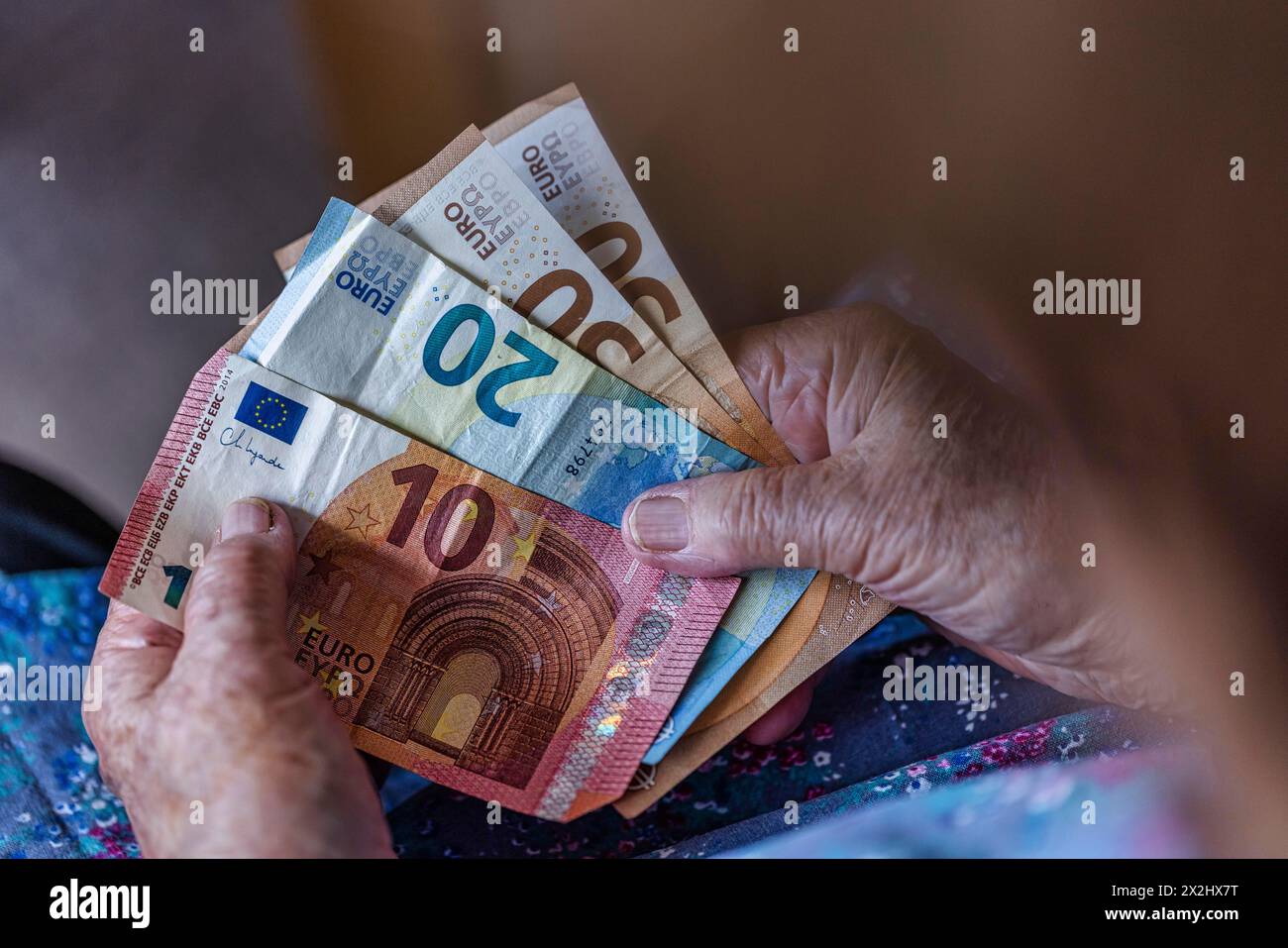 Une personne âgée aux mains froissées compte son argent à la maison dans son appartement et tient les billets de banque dans sa main, Cologne, Rhénanie du Nord-Westphalie, Allemagne Banque D'Images