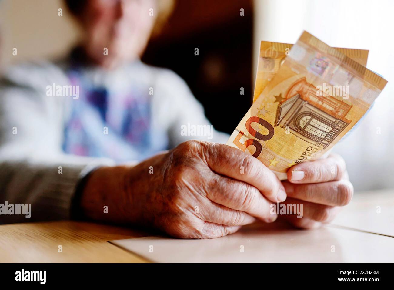 Une personne âgée aux mains froissées compte son argent à la maison dans son appartement et tient les billets de banque dans sa main, Cologne, Rhénanie du Nord-Westphalie, Allemagne Banque D'Images