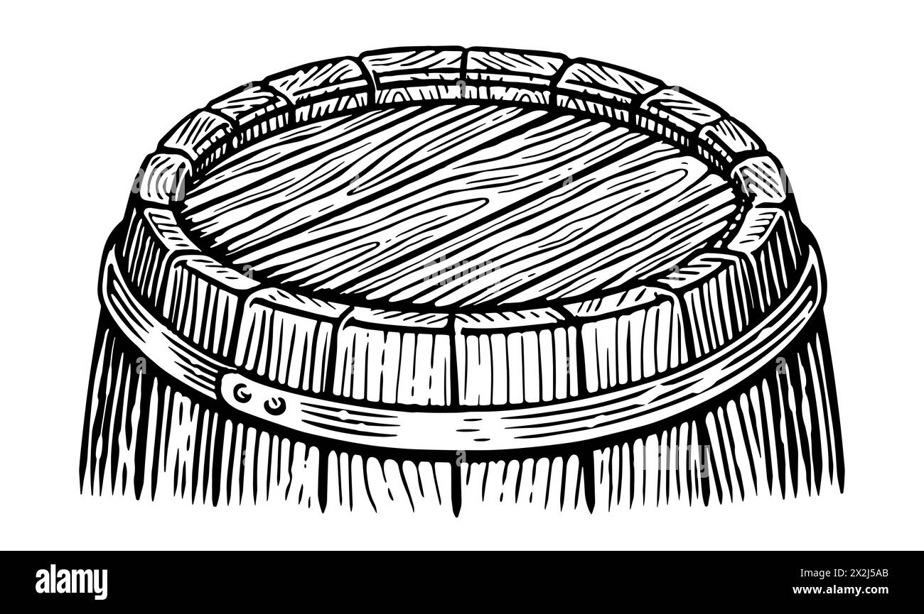 Dessus du croquis de tonneau en bois. Style de gravure vintage en fût de chêne dessiné à la main. Illustration vectorielle noir et blanc Illustration de Vecteur