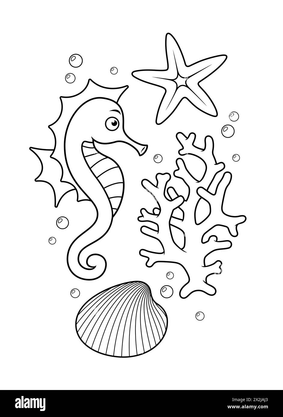 Mignon petit hippocampe avec un corail et une étoile de mer. Coloriage vectoriel. Illustration de Vecteur