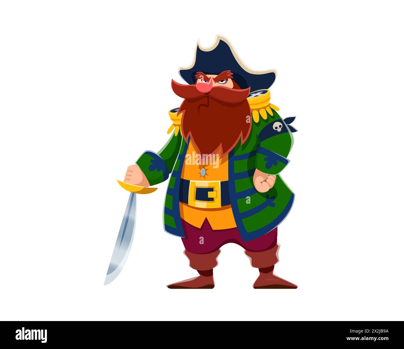 Personnage de capitaine pirate de bande dessinée, marin corsaire avec sabre et chapeau de tricorne. Personnage de rover marin grincheux vecteur isolé avec barbe et moustaches, tenant l'épée, prêt pour les aventures et les chasses au trésor Illustration de Vecteur