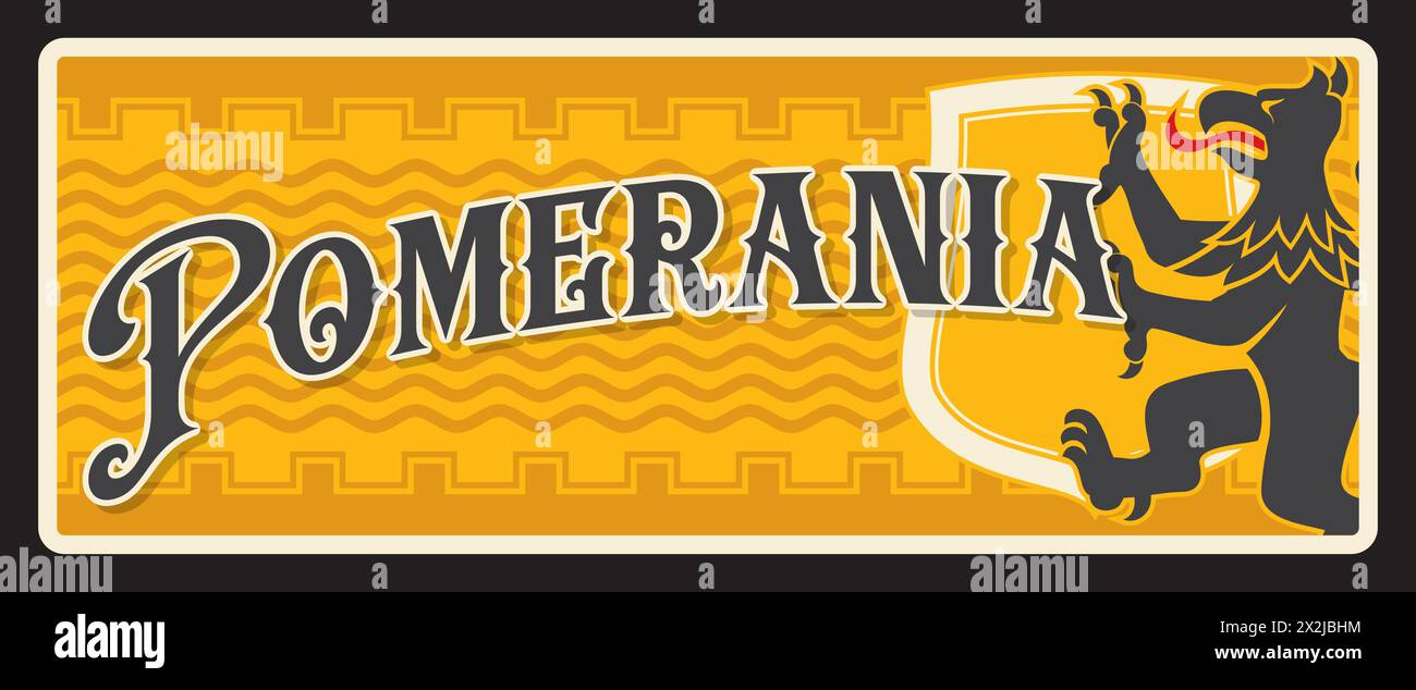 Voïvodie de Poméranie ou région de Pomorskie en Pologne. Plaque de voyage de vecteur, signe d'étain vintage, carte postale de bienvenue rétro ou panneau. Vieille plaque avec territoire polonais, bouclier et drapeau Illustration de Vecteur