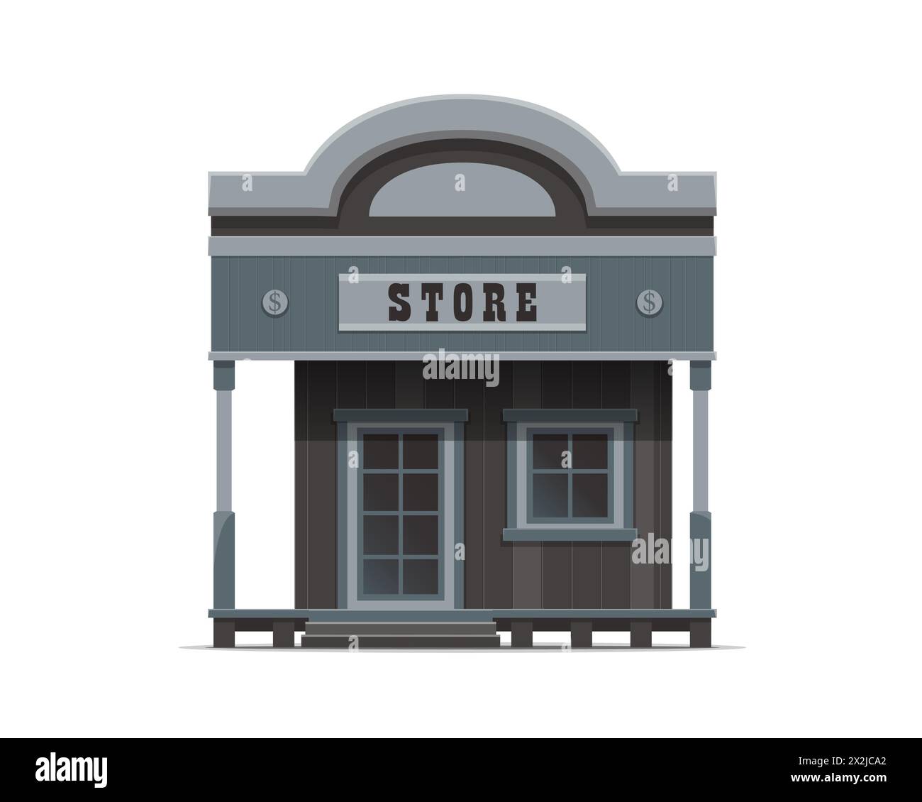 Bâtiment de magasin occidental, architecture de ville sauvage de l'ouest. Vecteur vieille rue de campagne américaine, magasin de détail rustique cow-boy ou épicerie avec façade frontière classique en bois, grande signalisation au-dessus de l'entrée Illustration de Vecteur