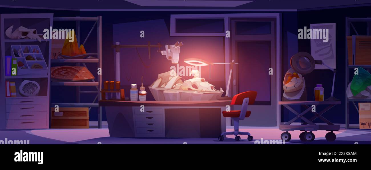 Salle de laboratoire archéologue avec dessin animé de vecteur fossile de dinosaure. Laboratoire scientifique avec bureau sur roues, os de dinosaure, lampe et équipement de loupe pour rechercher et étudier l'illustration animale d'extinction Illustration de Vecteur