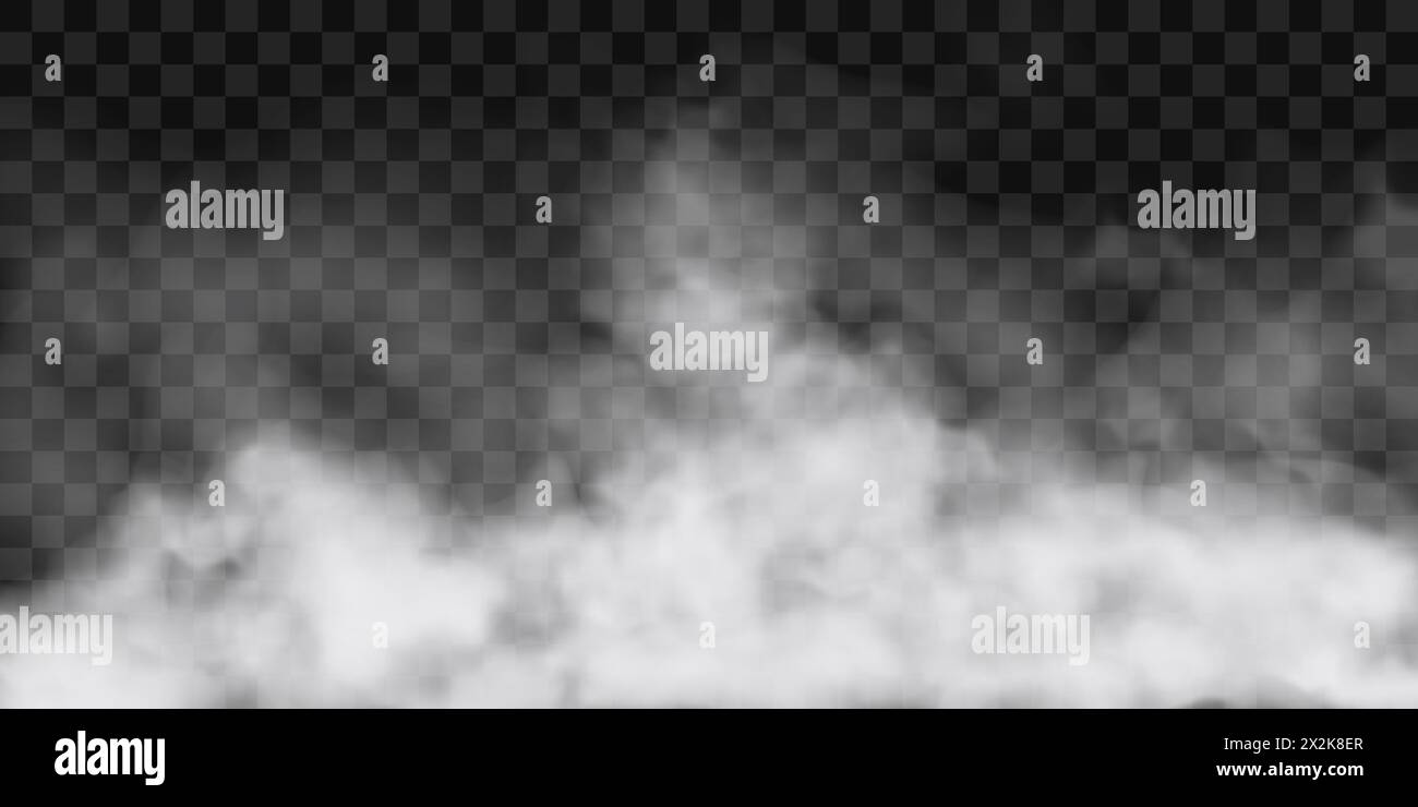 Brouillard blanc rampant. Nuages de fumée ou de gaz. Nébulosité blanche. Vecteur réaliste sur fond transparent. Illustration de Vecteur