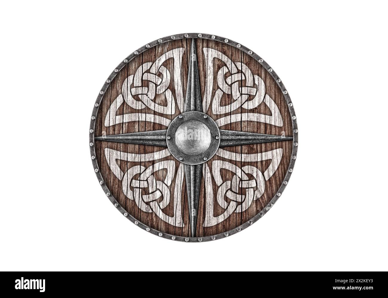 Ancien bouclier rond en bois viking décoré isolé sur fond blanc Banque D'Images