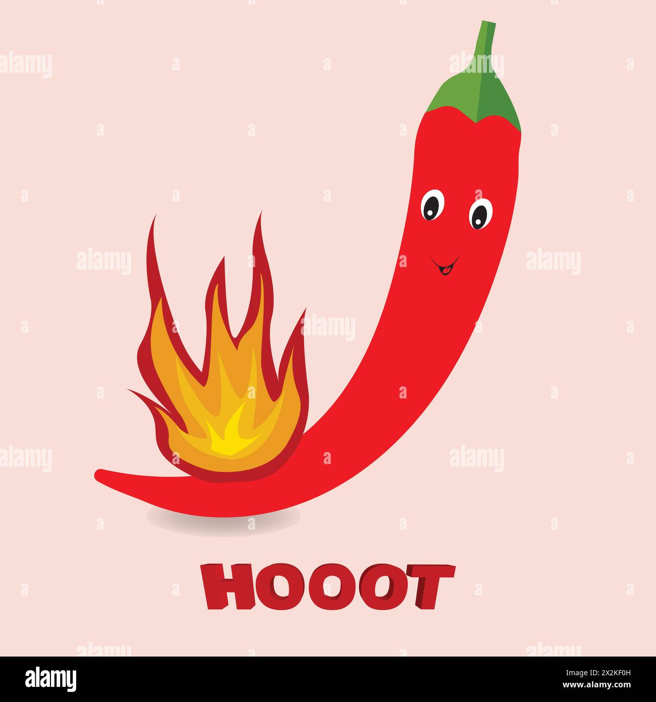 Mignon personnage de poivron rouge avec une flamme et le mot hoot Illustration de Vecteur