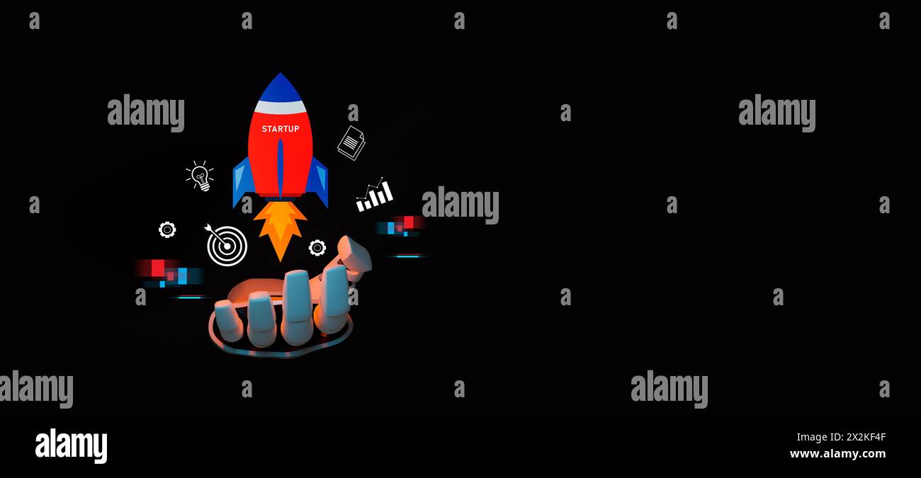 Robot à main tenant des icônes sur les affaires et l'investissement, décollage fulgurant avec une vitesse de lancement ciblée, Strategy for Success & Growth Acceleration co Banque D'Images