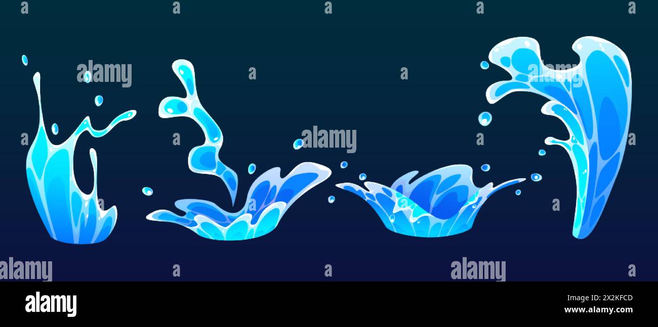 Éclaboussures de vagues d'eau isolées sur fond. Illustration vectorielle de dessin animé de la mer bleue, déversement de liquide océanique avec des gouttes, effet de mouvement de surf, ruisseau de fontaine, éléments de conception d'aventure de natation Illustration de Vecteur