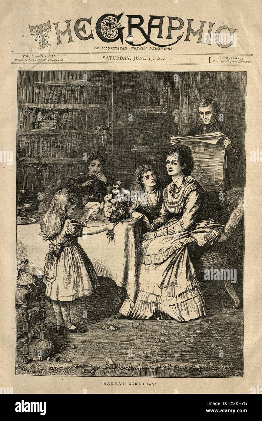 Enfants célébrant l'anniversaire de leur mère, page de journal Old Victorian, années 1870, Nouvelle musique, avis 19e siècle Banque D'Images