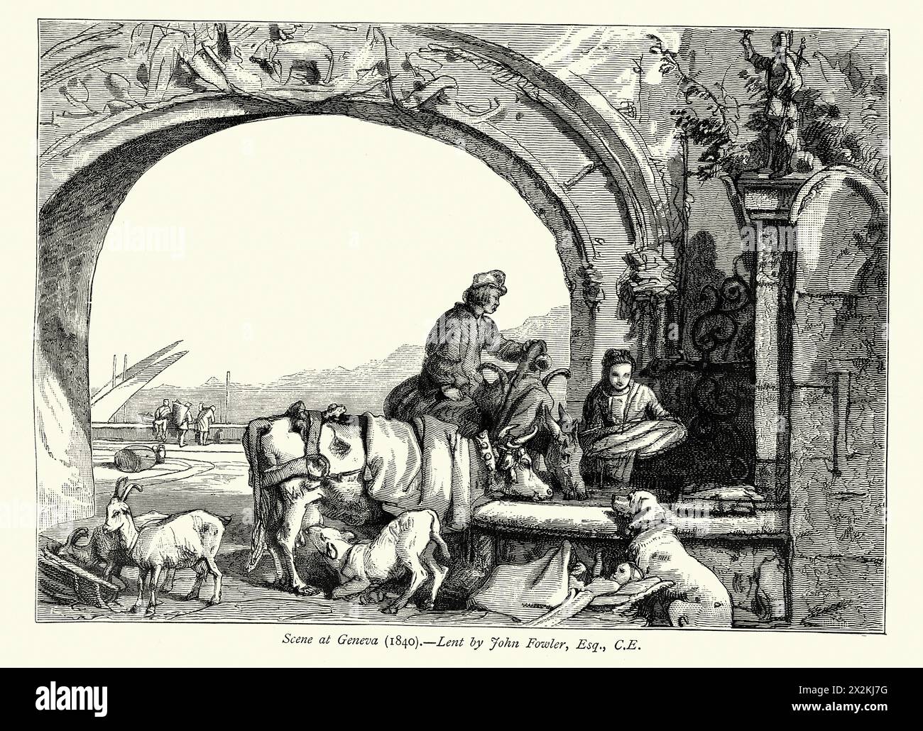Illustration Vintage Art victorien, scène à Genève, d'après Edwin Landseer, années 1840, XIXe siècle Banque D'Images