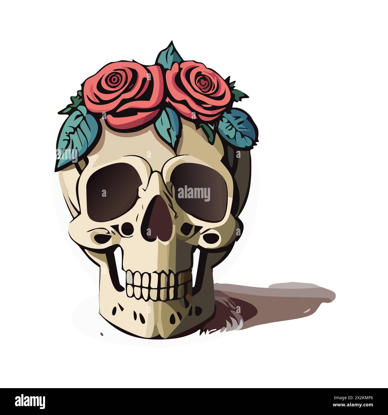 Crâne humain avec fleur de rose sur fond blanc. Illustration vectorielle. Illustration de Vecteur