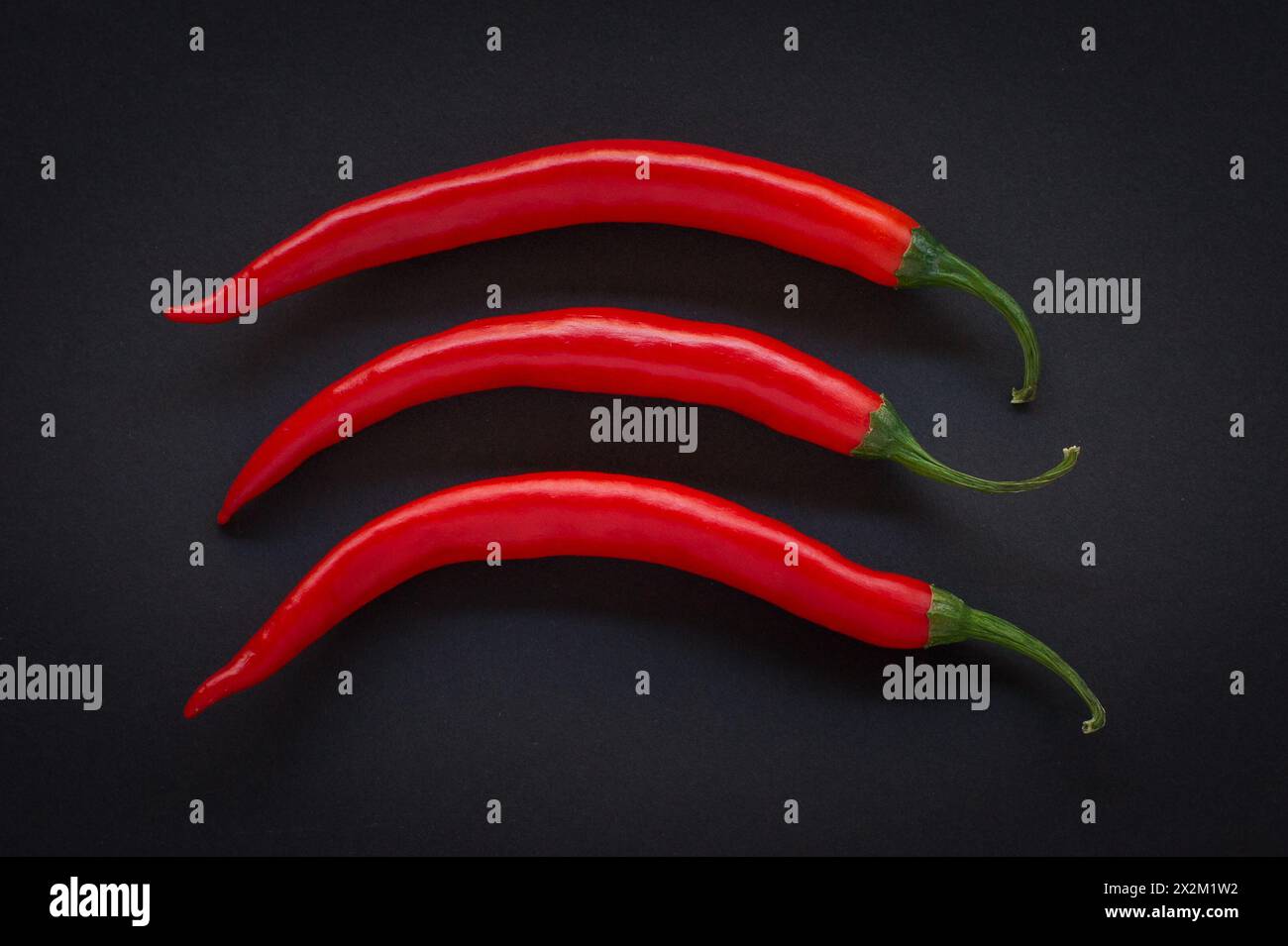 Trois piments rouges sur fond noir Banque D'Images