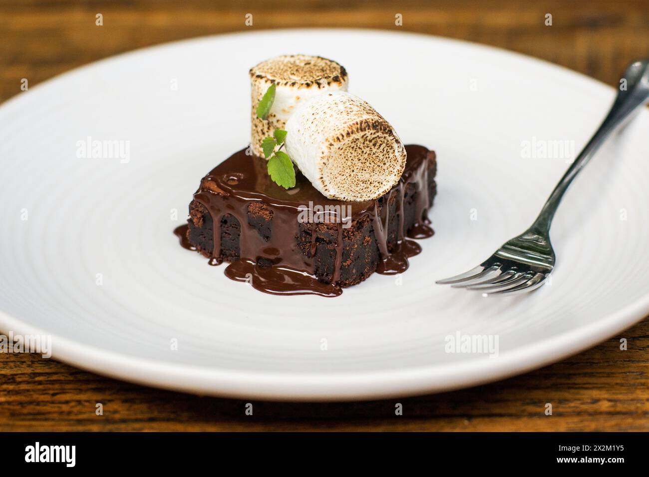 Brownie avec sauce chocolat et s'mores sur assiette blanche avec fourchette sur table de restaurant en bois Banque D'Images