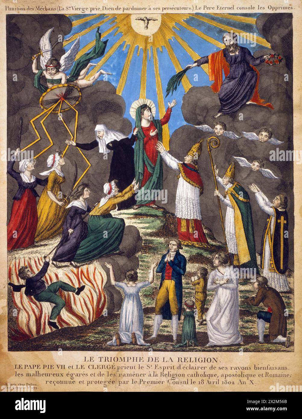 Le Triomphe de la religion - illustration montre le pape Pie VII, le cardinal Caprara, et d'autres membres du clergé cherchant à recevoir l'esprit de lumière des rayons bénéfiques émanant d'une colombe au centre supérieur - c 1802 Banque D'Images