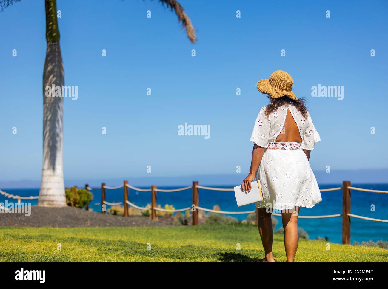 Vue arrière d'une femme méconnaissable dans une robe blanche et chapeau de paille se dresse dans un jardin côtier, regardant la mer bleue sereine, incarnant paisible Banque D'Images