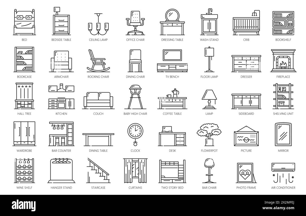 Icônes de meubles, intérieur de la maison. Article d'intérieur de maison, pictogrammes vectoriels de ligne mince de meubles modernes d'appartement ou symboles de contour avec canapé, commode, étagère et bureau, lampe, armoire, table basse Illustration de Vecteur