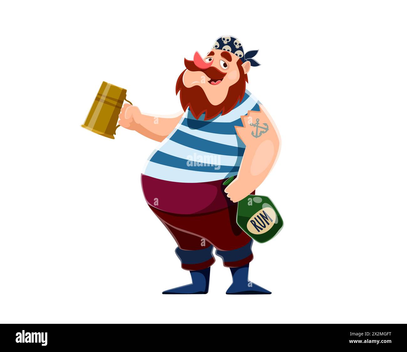 Personnage de marin pirate de bande dessinée avec tasse de rhum, marin corsaire. Vector Seafarer rover en gilet rayé tenant tankard et bouteille avec sourire ivre, incarnant un esprit marin d'aventure et de réjouissances Illustration de Vecteur