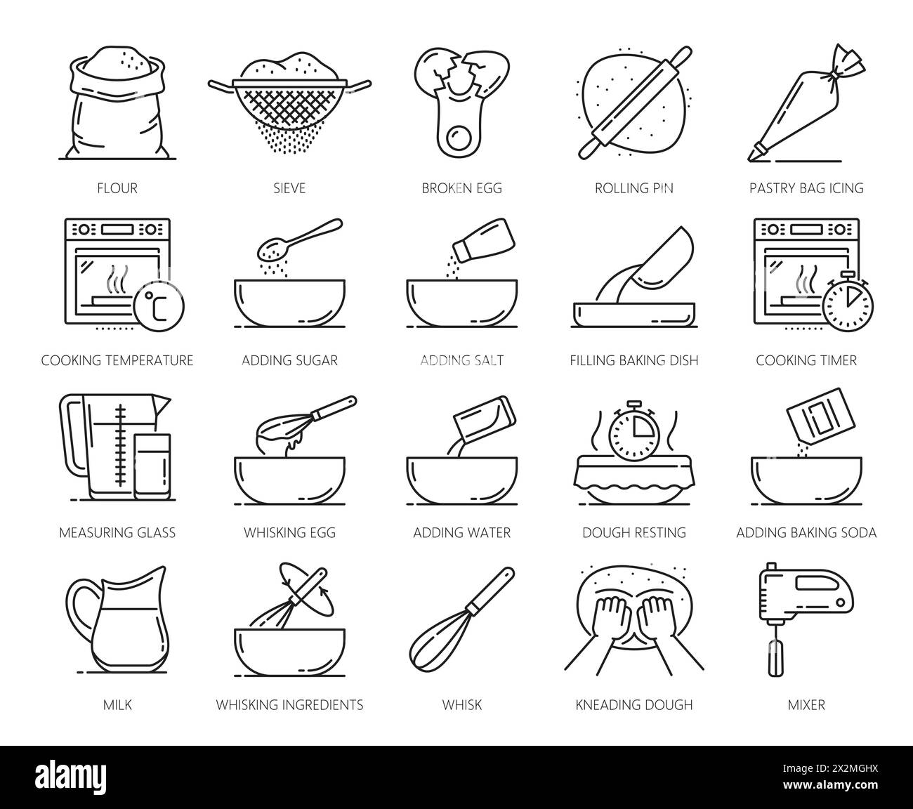 Icônes de boulangerie et de pâtisserie maison, symboles de cuisine et pictogramme vectoriel pour la préparation de recettes. Pâte à pain maison ou pâtisserie de boulangerie et ingrédients alimentaires de farine et instructions pour le processus de cuisson à la maison Illustration de Vecteur