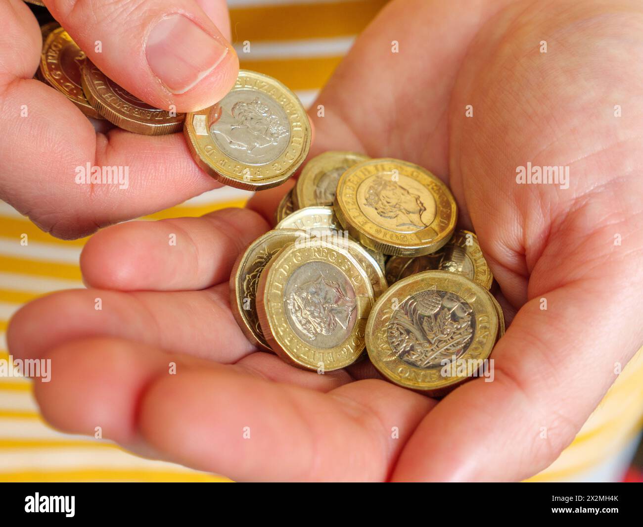 Gros plan des mains comptant l'argent comptant dans les pièces de 1 livre du Royaume-Uni Banque D'Images