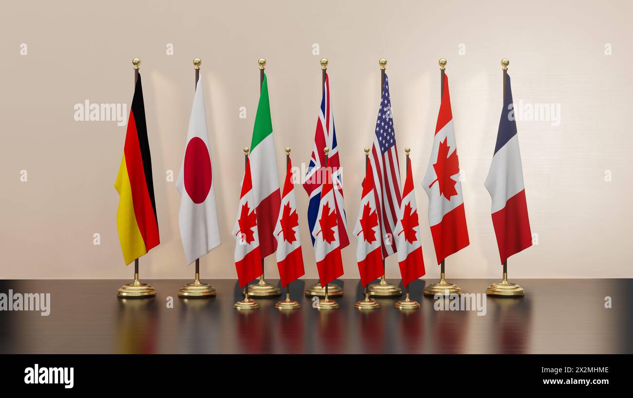 Sommet du G7 2025, Canada G7, sommet du G7 au Canada, G7 2025, 51e sommet, drapeaux des membres du groupe des sept. travail 3d. Banque D'Images