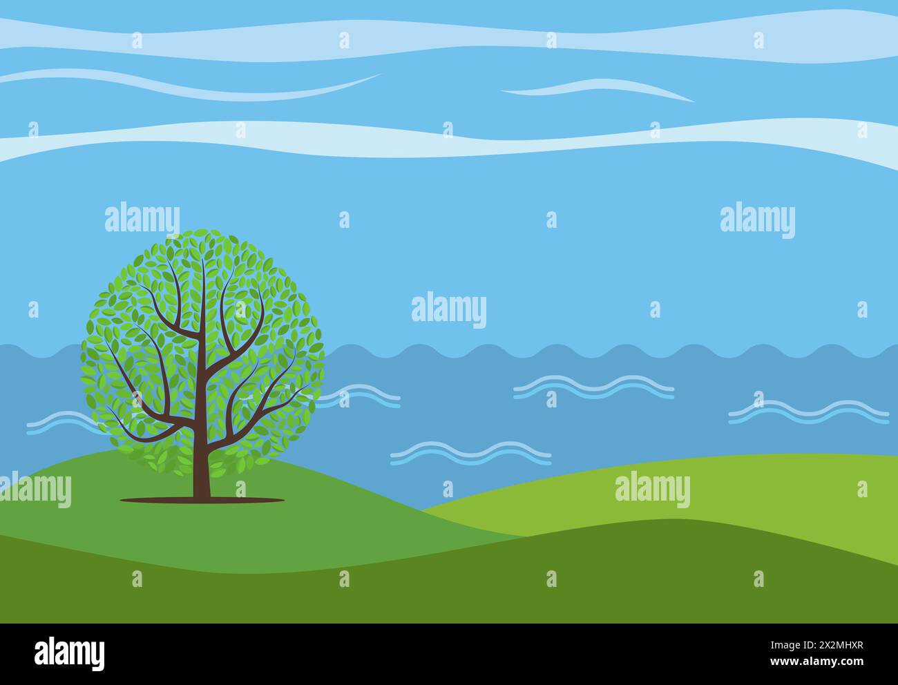 Paysage de bande dessinée panoramique vectoriel avec l'arbre solitaire contre le voir. Illustration de Vecteur