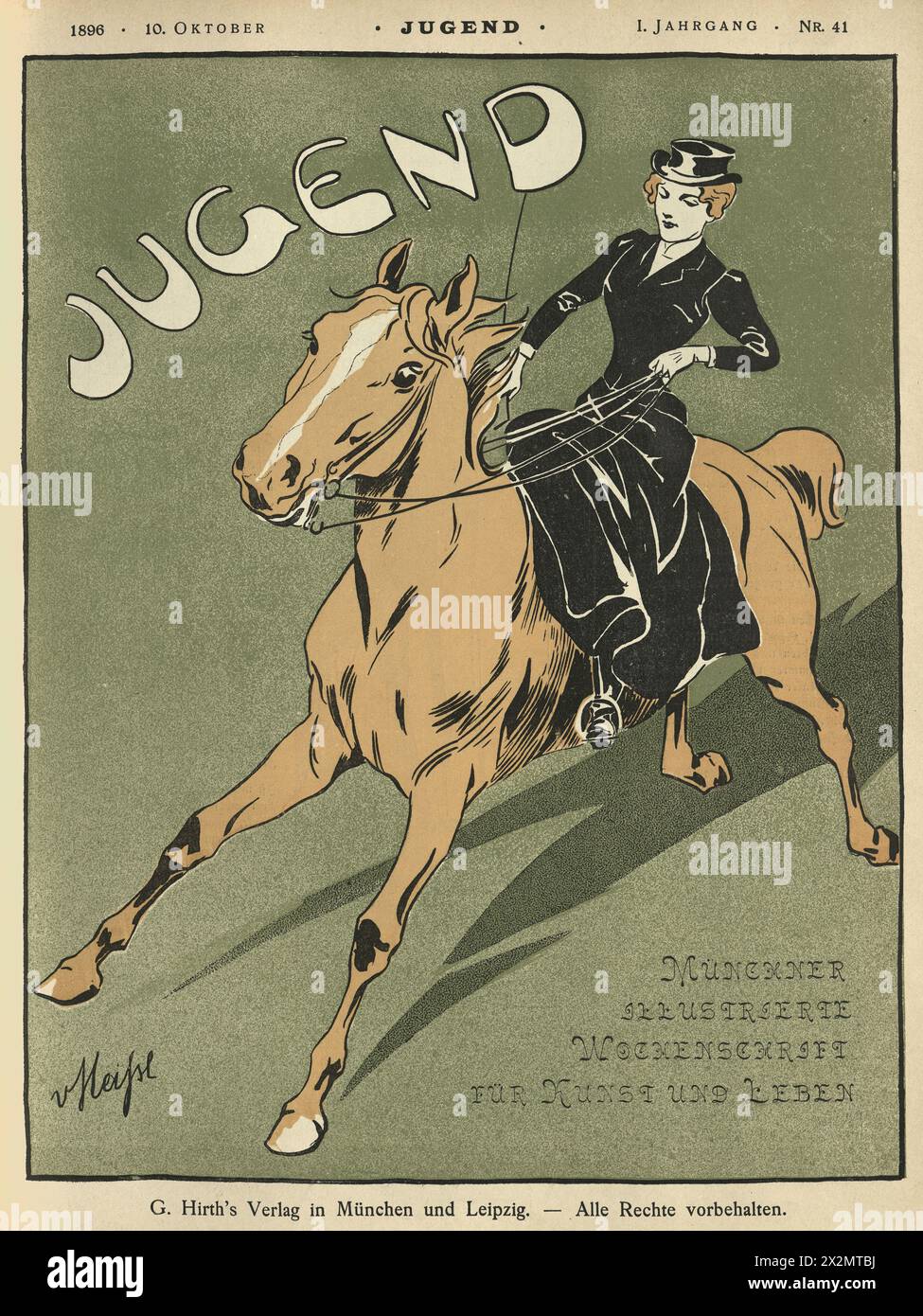 Illustration vintage de jeune femme chevauchant la selle latérale sur cheval galopant, Jugendstil, Art Nouveau, Allemand des années 1890 Banque D'Images
