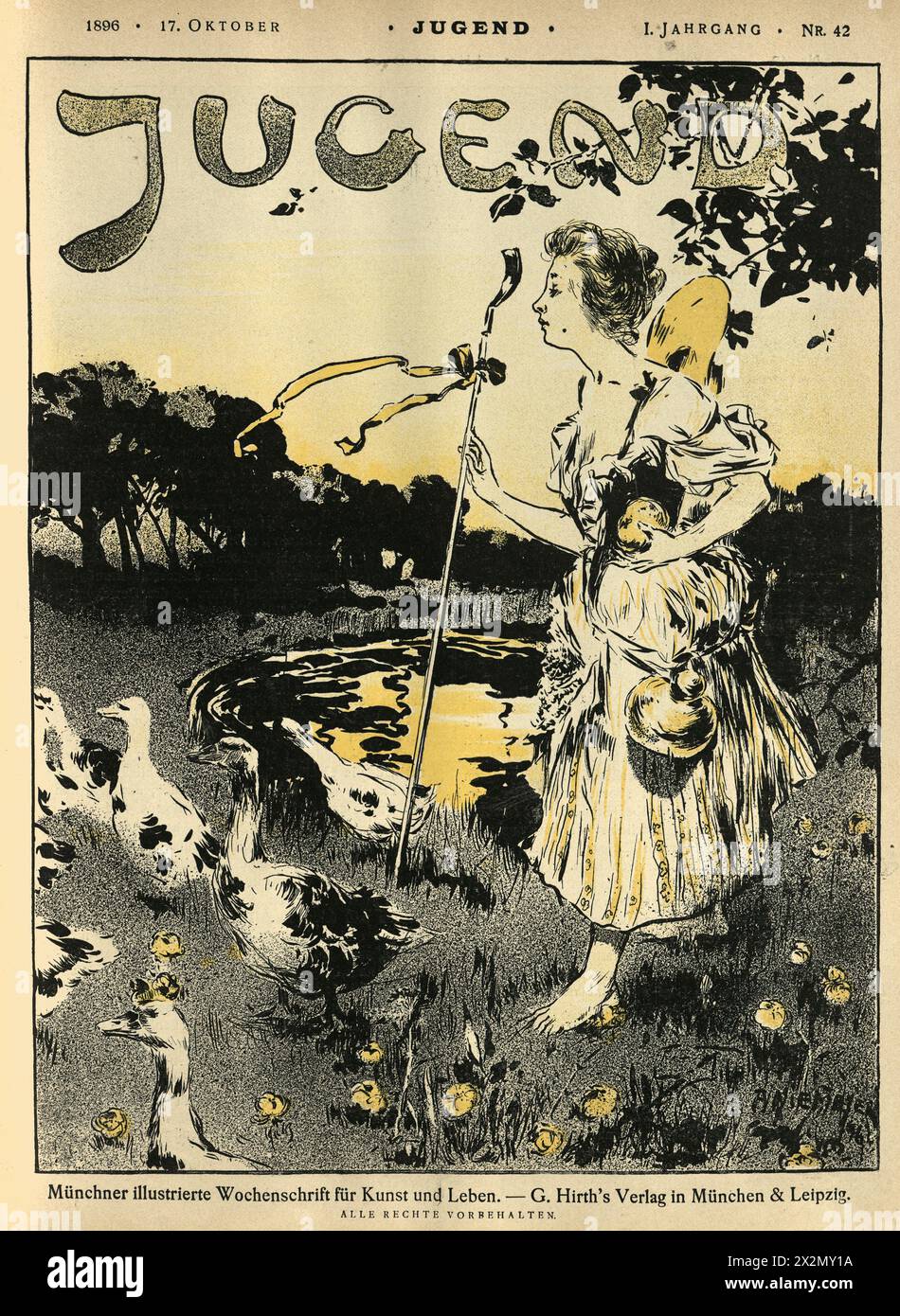 Femme élevant des oies d'un étang, couverture de Jugend 1896, Art Nouveau, Jugendstil, annonces, Allemand, histoire XIXe siècle. Banque D'Images