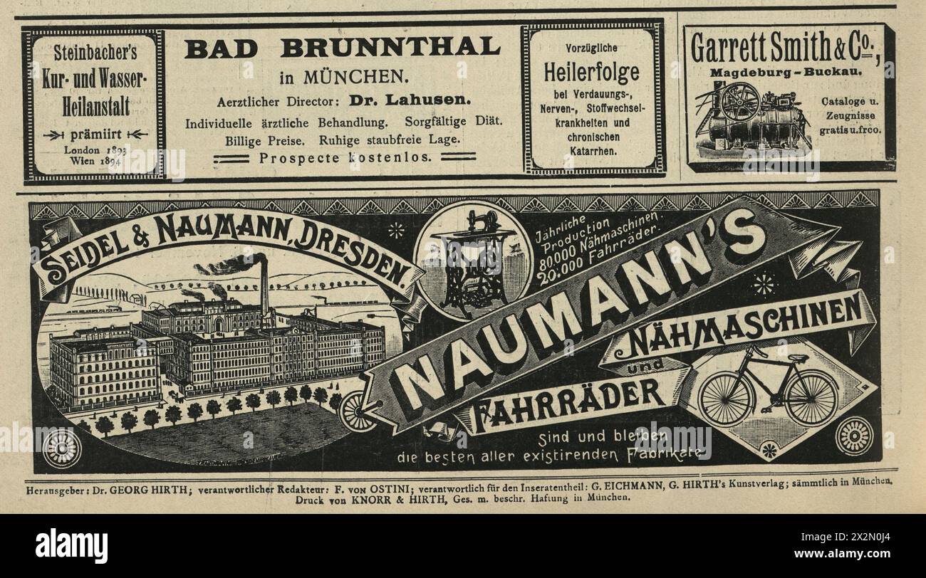 Vieux journaux victoriens annonces, allemand, usine Seidel & Naumann, machines à coudre, vélos, 1890 19ème siècle Banque D'Images