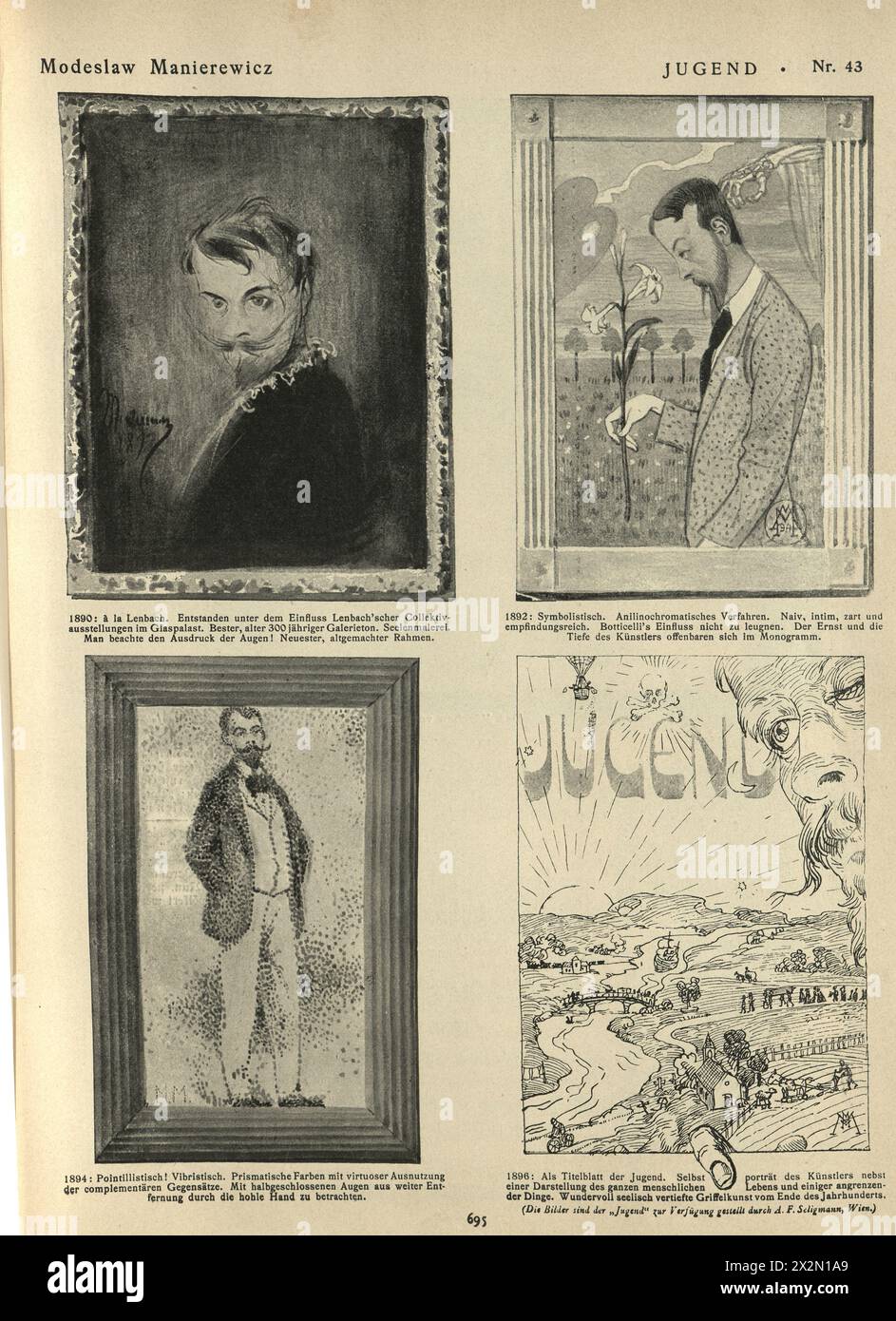 Illustration Vintage Autoportrait de l'artiste, Modeslaw Manierewicz, Jugendstil, Art Nouveau, années 1890, XIXe siècle. Banque D'Images